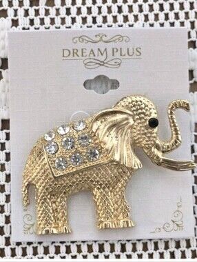 NEW Elephant Pin Brooch Gold Tone with Rhinestones Dream Plus Fashion Jewelry